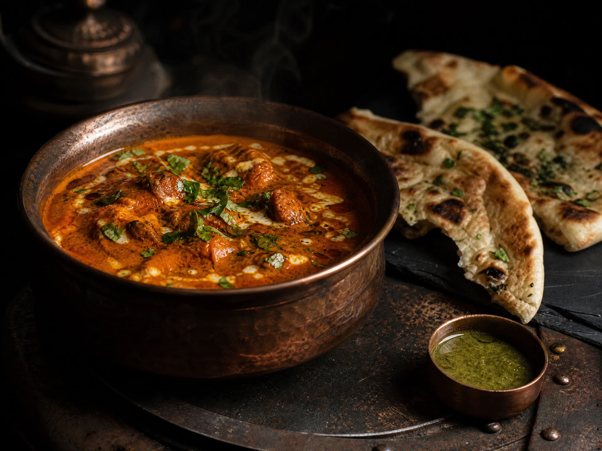 Butter chicken in a copper bowl with garlic naan
