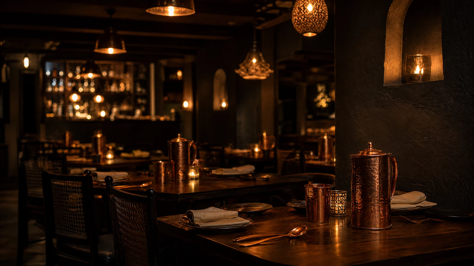 Warmly lit restaurant interior with copper pendant lamps
